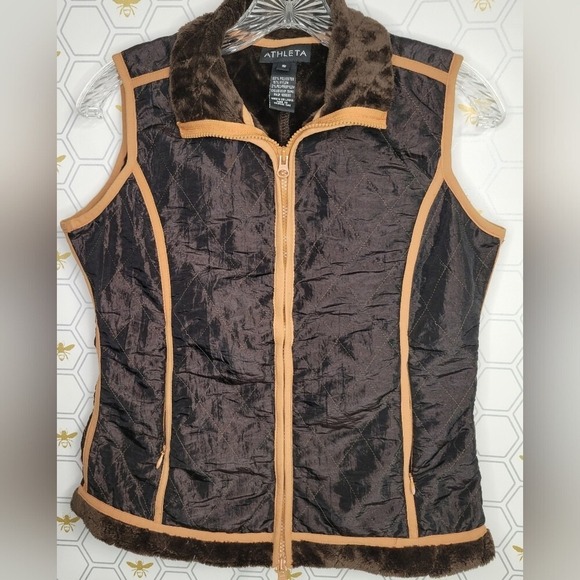 Athleta Jackets & Blazers - Athleta Quilted Vest Women's Size Small Brown Faux Fur Collar Zip Up Puffer